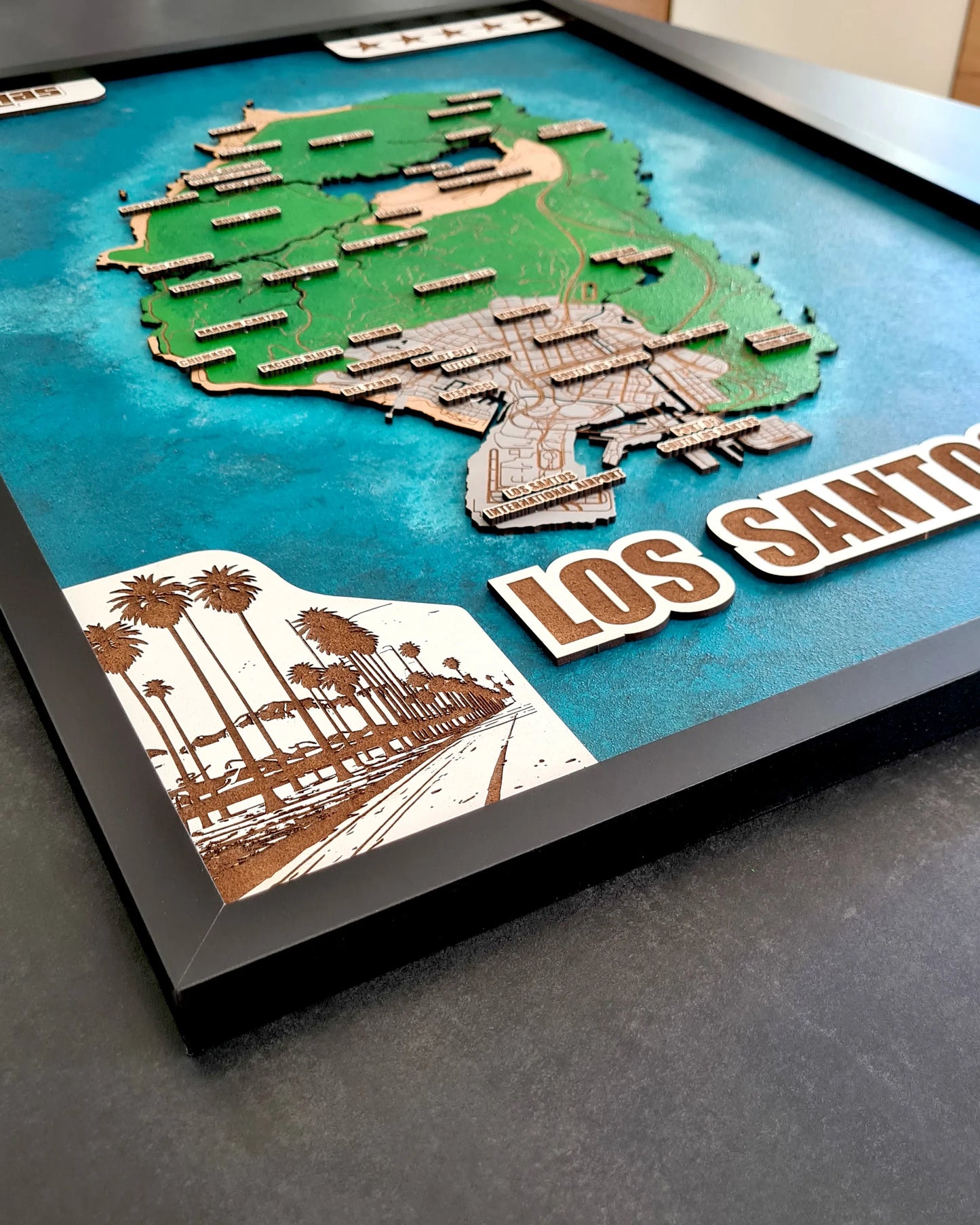 GTA V 3D framed city map COLOR - wall art living room - video game gifts