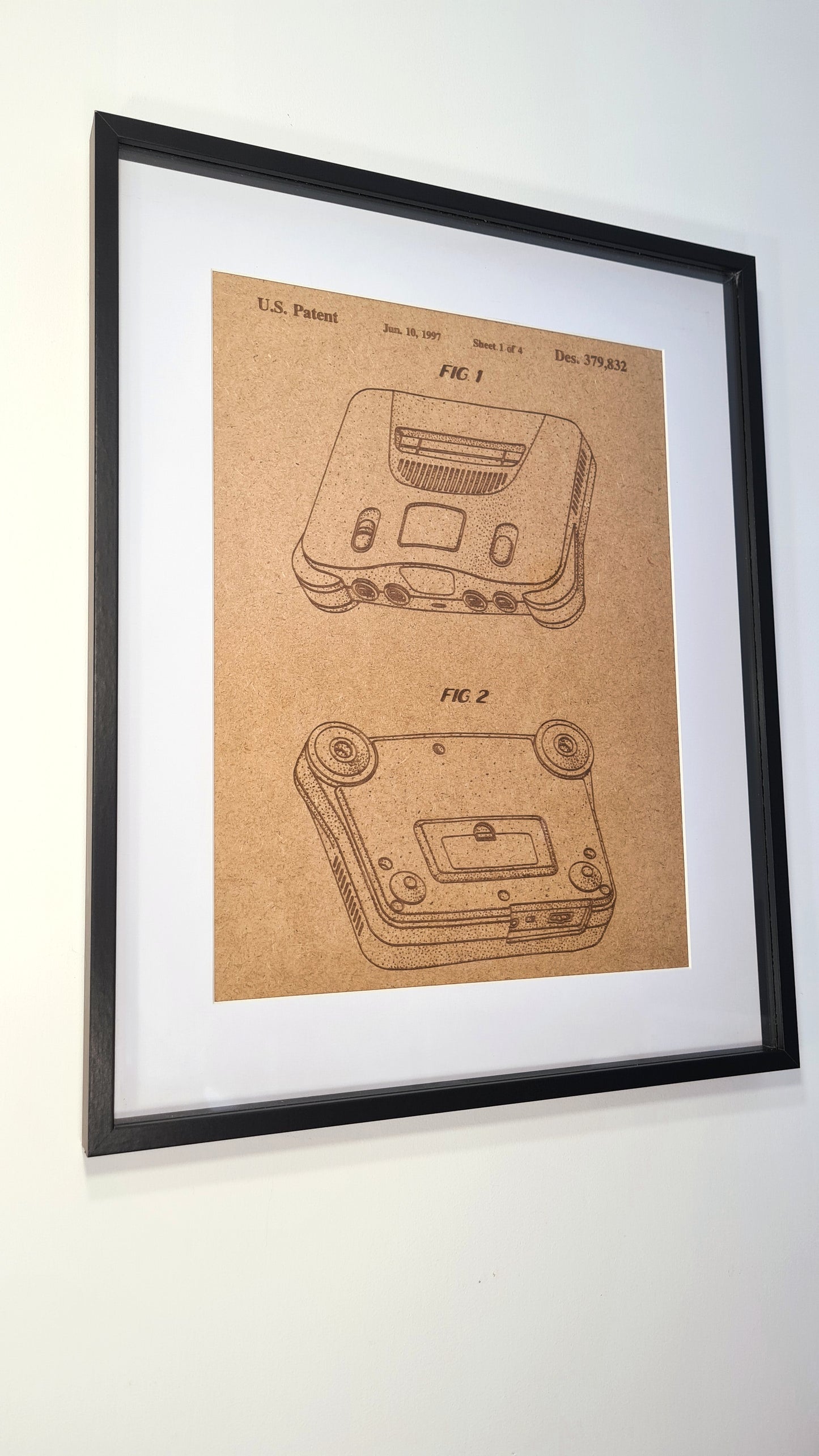 Nintendo N64 game console retro wall art - decorative patent framed wood engraving - Unique boyfriend gift for him retrogaming
