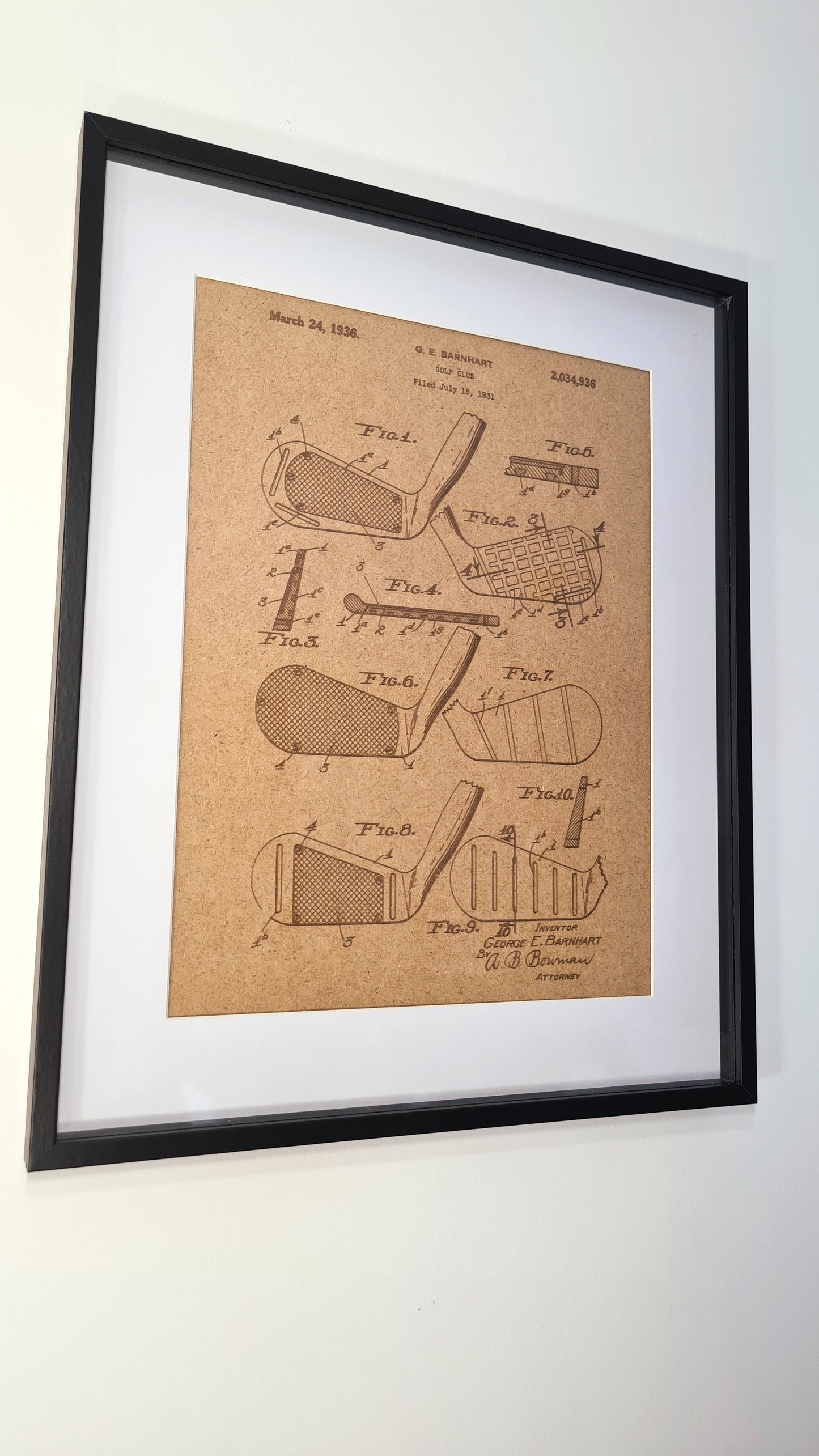 Laser Engraved Decorative Frame - Official Golf Club Patent - Unique Decor Gift for Living Room, Bedroom, and Dining Room