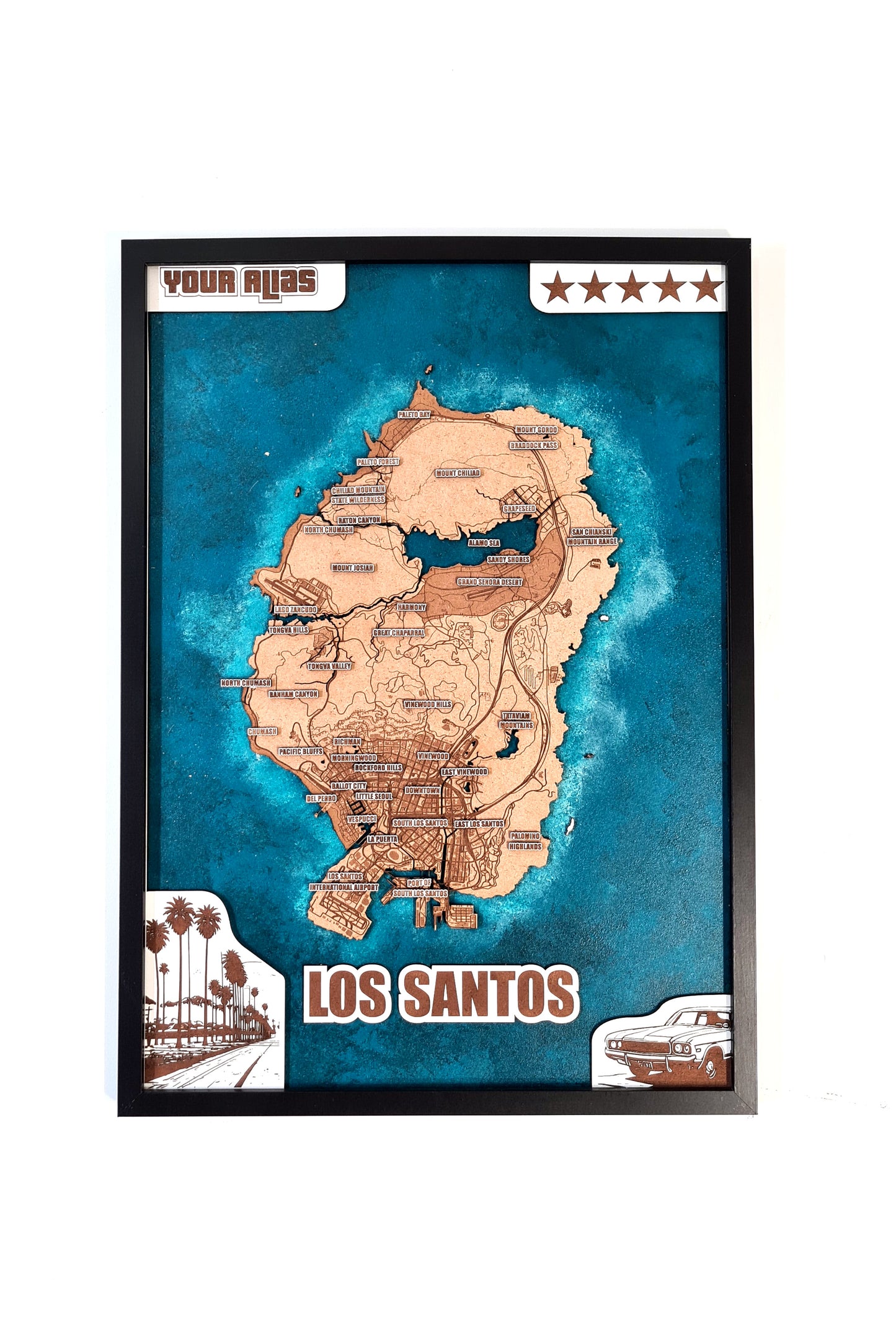 GTA V 3D framed city map Black and White wall art living room - video game gifts - gamer gift - birthday gift for him - room decoration - fantasy maps