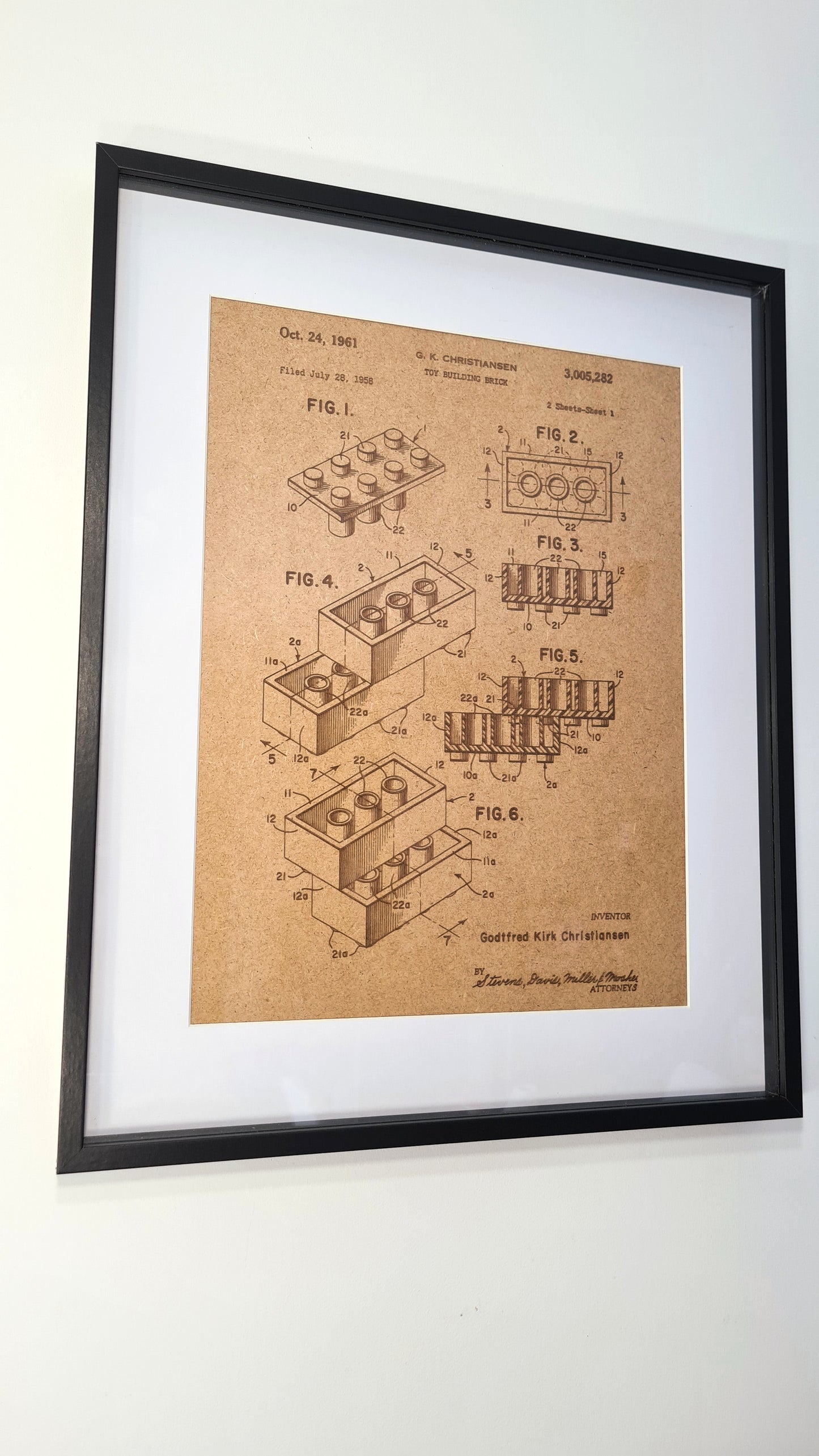 Laser Engraved Wall Frame - Official Lego Brick Patent - Unique Decor Gift for Living Room, Bedroom, and Dining Room