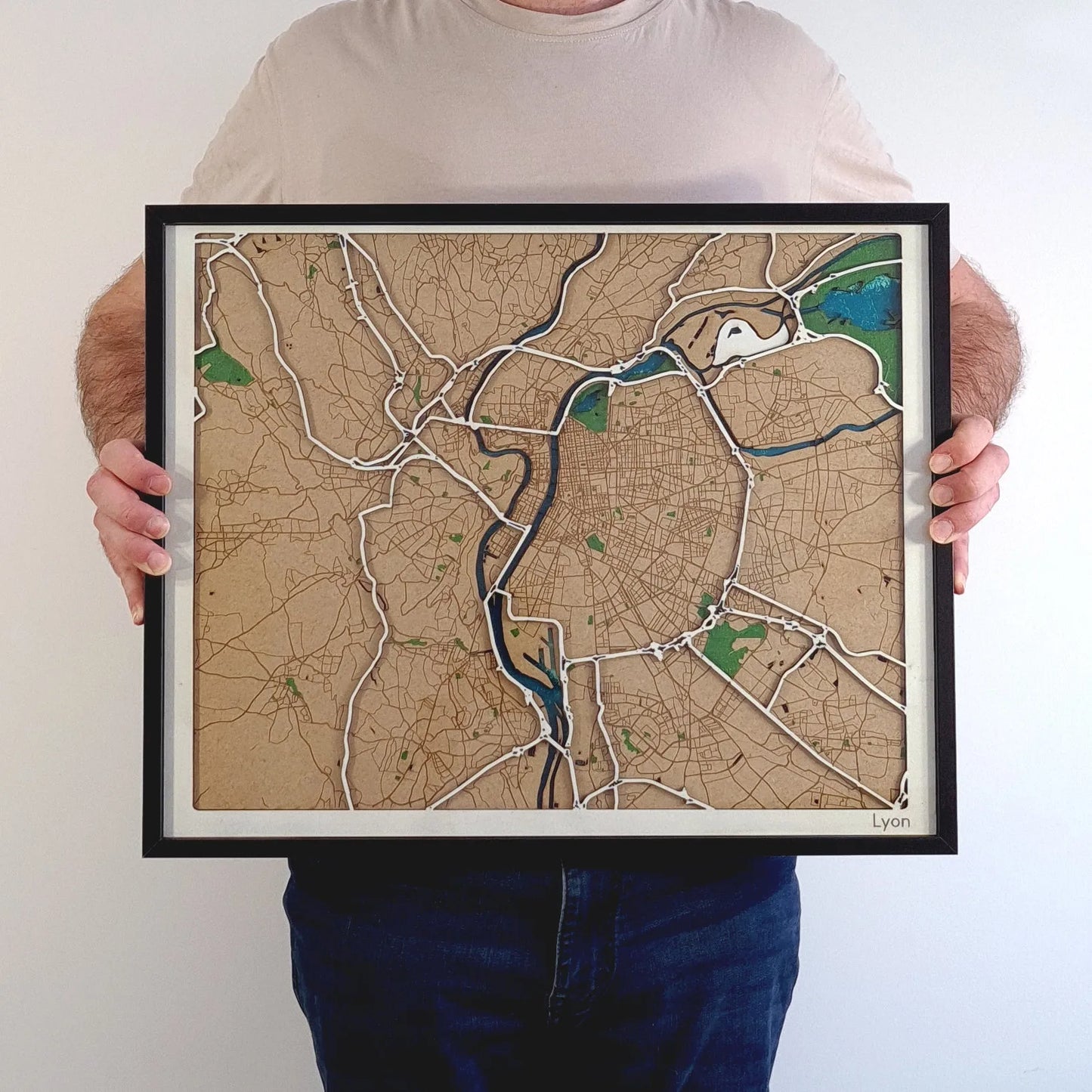 3D Wooden map of Lyon in France - 3D City map wall art, personalized gift - Customizable for parents anniversary gift for christmas