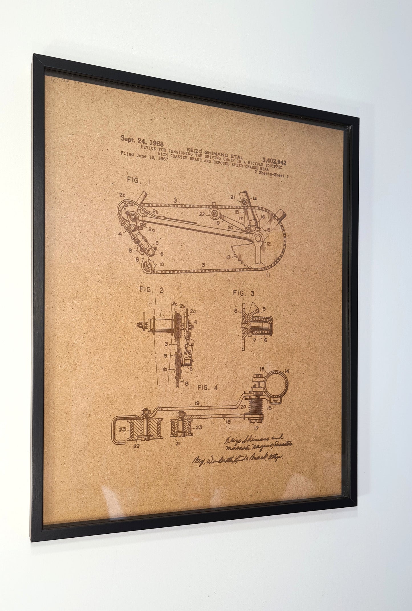 Laser Engraved Decorative Frame - Official Shimano Gear Selector Patent - Unique Decorative Gift for Living Room, Bedroom, and Dining Room