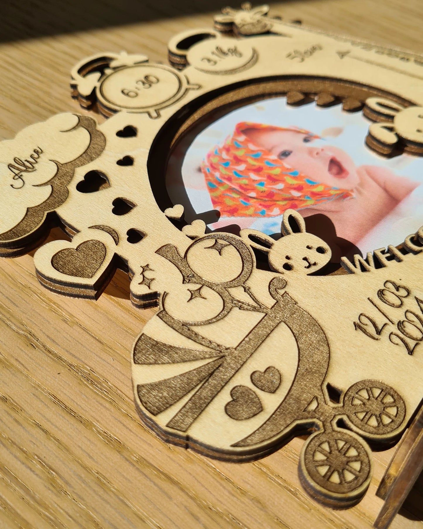 Personalized Baby Birth Frame - Hand-painted Laser Cutted Wood