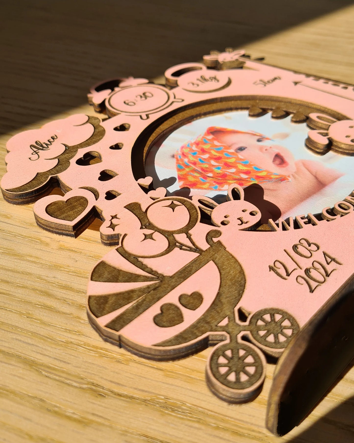 Personalized Baby Birth Frame - Hand-painted Laser Cutted Wood