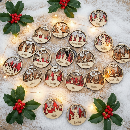 Customizable Christmas Tree Ornaments – Laser Engraved & Hand-Painted, Add Any Family Name, Festive Designs Include Santa, Snowman, Cats and More