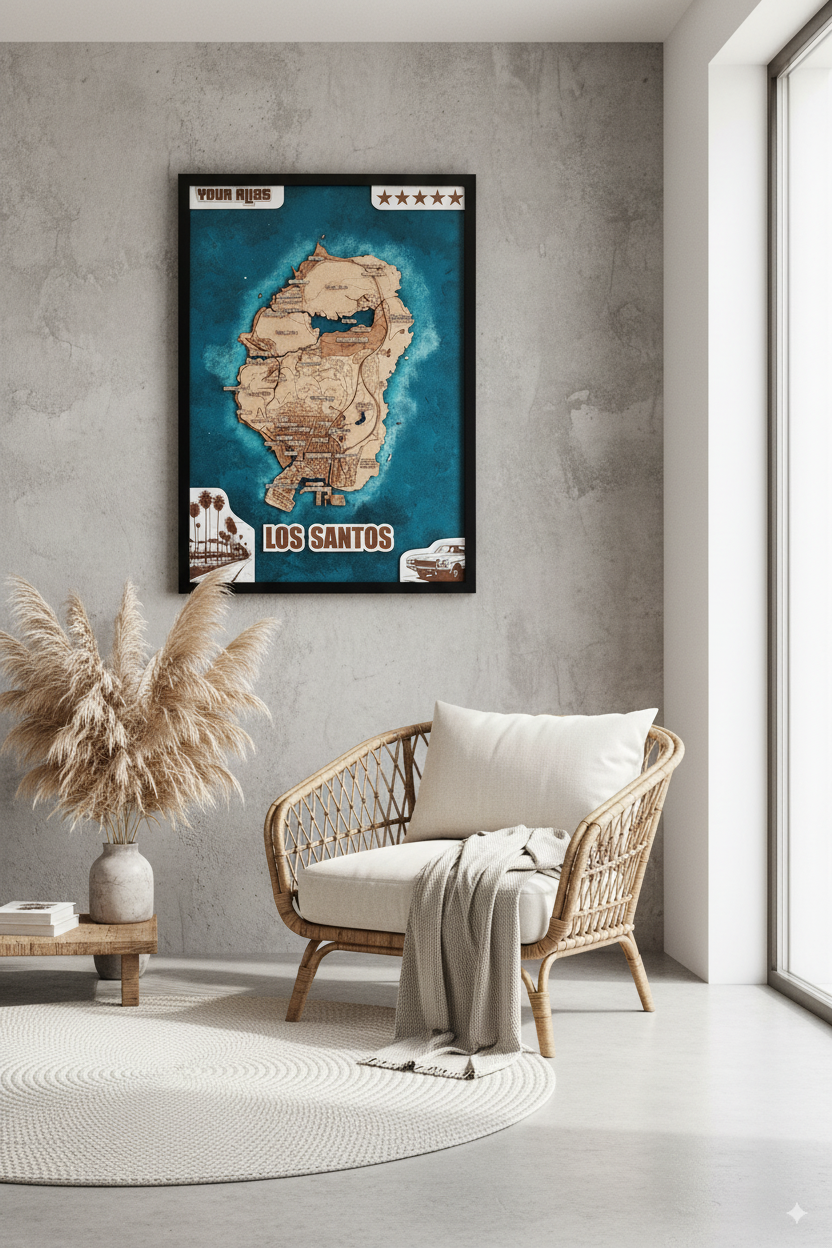 GTA V 3D framed city map Black and White wall art living room - video game gifts - gamer gift - birthday gift for him - room decoration - fantasy maps