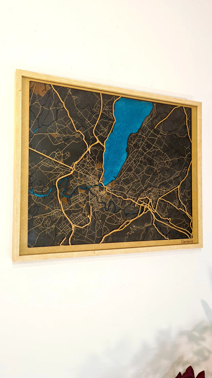 Hand-Painted 3D wall map with pins - Geneva - Switzerland