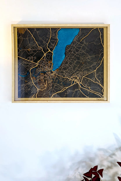 Hand-Painted 3D wall map with pins - Geneva - Switzerland