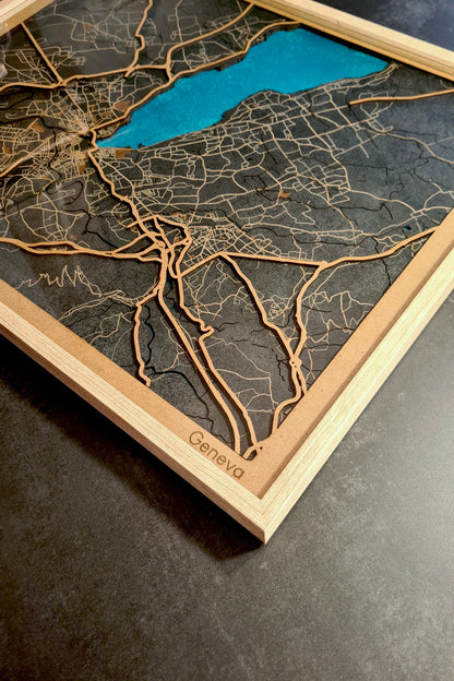 Hand-Painted 3D wall map with pins - Geneva - Switzerland