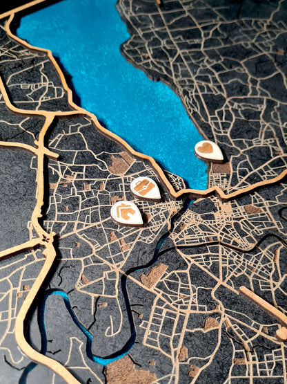 Hand-Painted 3D wall map with pins - Geneva - Switzerland