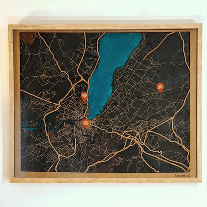 Hand-Painted 3D wall map with pins - Geneva - Switzerland