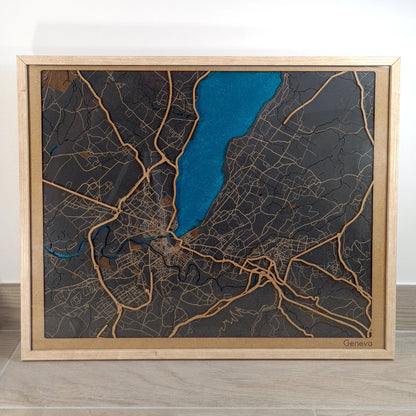 Hand-Painted 3D wall map with pins - Geneva - Switzerland