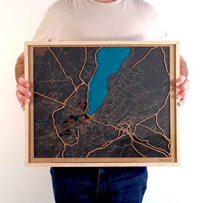 Hand-Painted 3D wall map with pins - Geneva - Switzerland