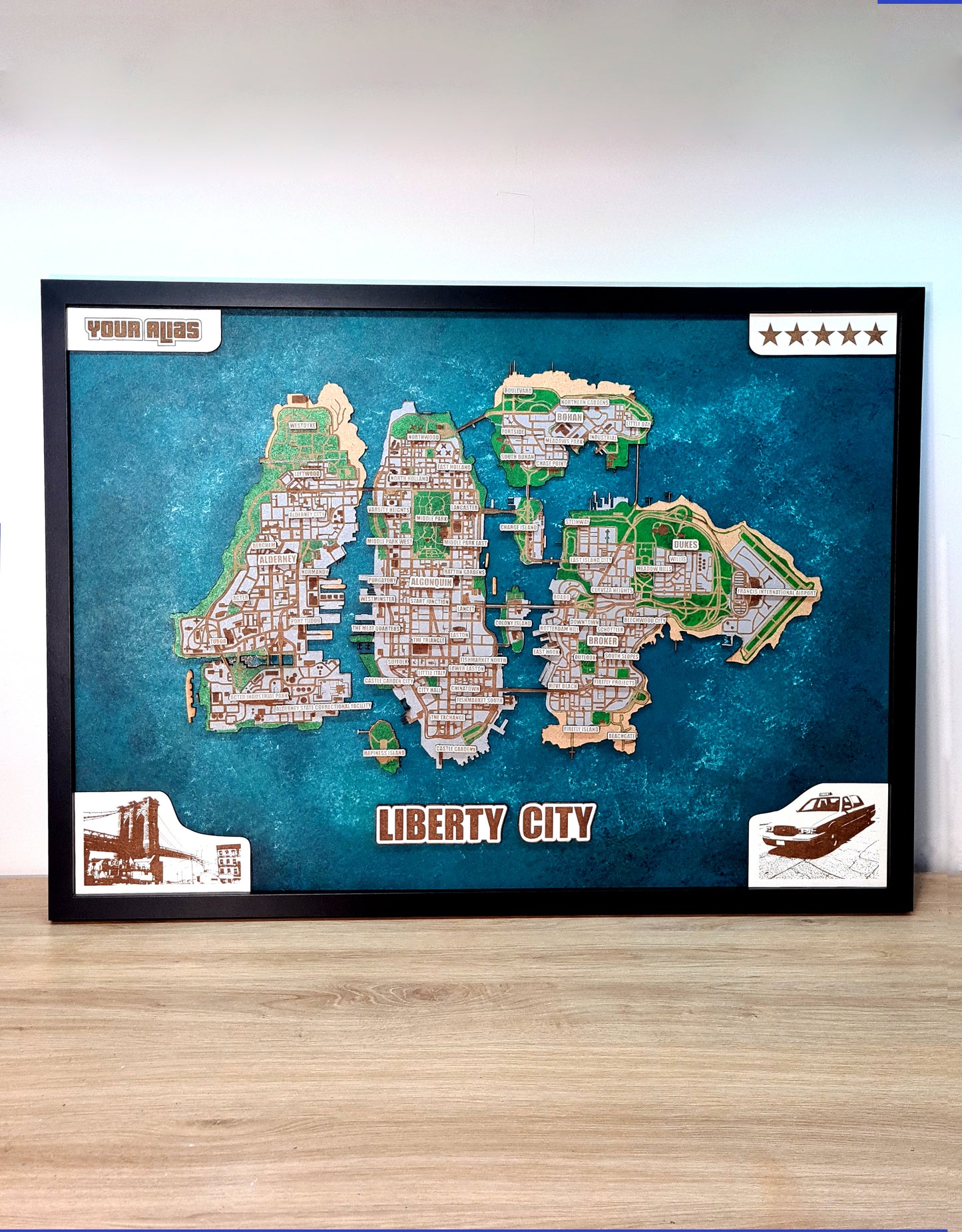 GTA IV framed city map wall art living room - video game gifts