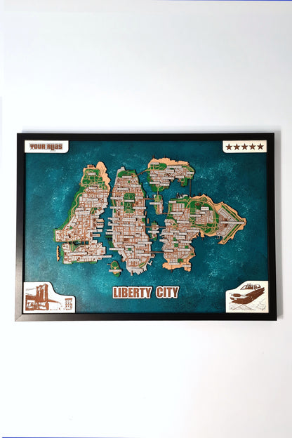 GTA IV framed city map wall art living room - video game gifts
