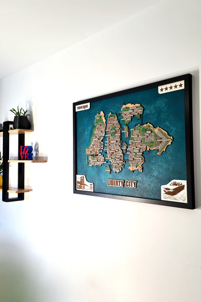 GTA IV framed city map wall art living room - video game gifts