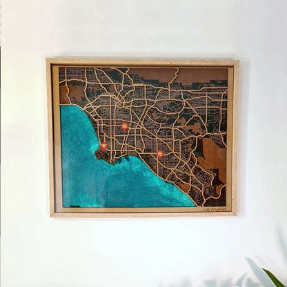 Hand-Painted 3D wall map with pins - Los Angeles - USA