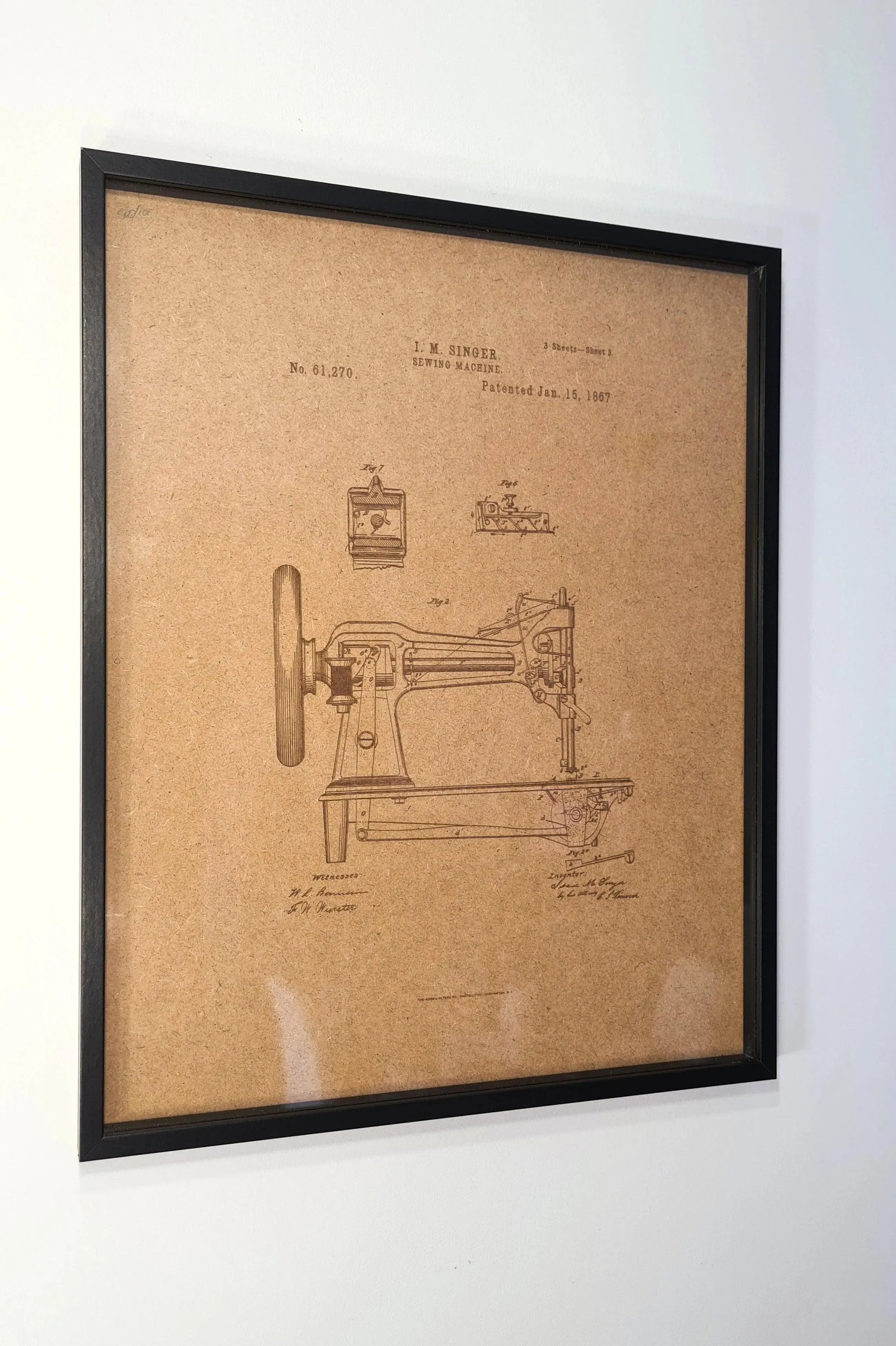 Official Singer sewing machine patent - Laser engraved wood - YourLittleFactory