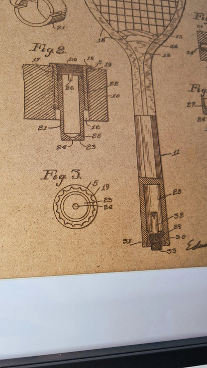 Official tennis racket patent - Laser engraved wood - YourLittleFactory