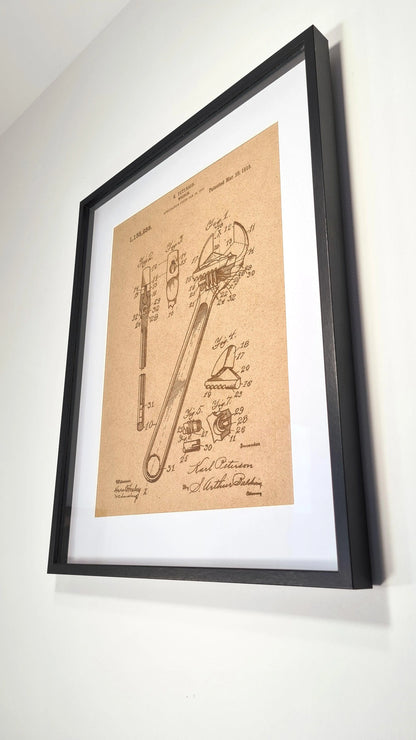 Official patent for the adjustable wrench - Laser engraved wood - YourLittleFactory