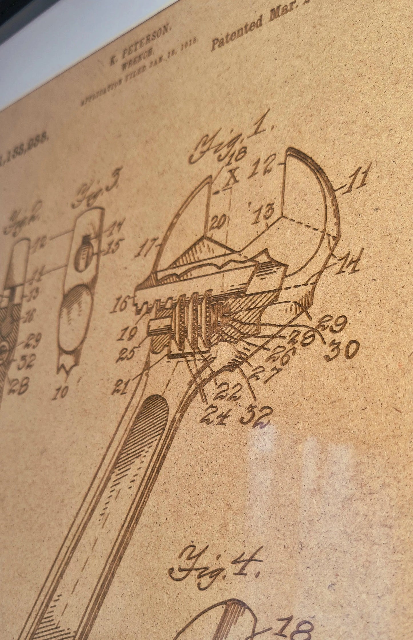 Official patent for the adjustable wrench - Laser engraved wood - YourLittleFactory